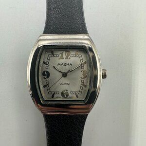 3/$30 Magna Watch Women Silver Tone Grey Leather Band Barrel Case  8.5"